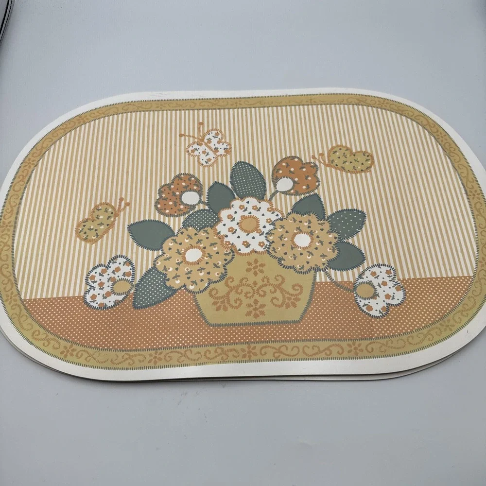 Set Of 3 Yellow Floral Placemats Vinyl Cover 1970's. Granny Core Cottage Core